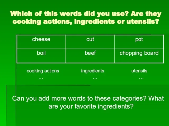 Which of this words did you use? Are they cooking actions, ingredients