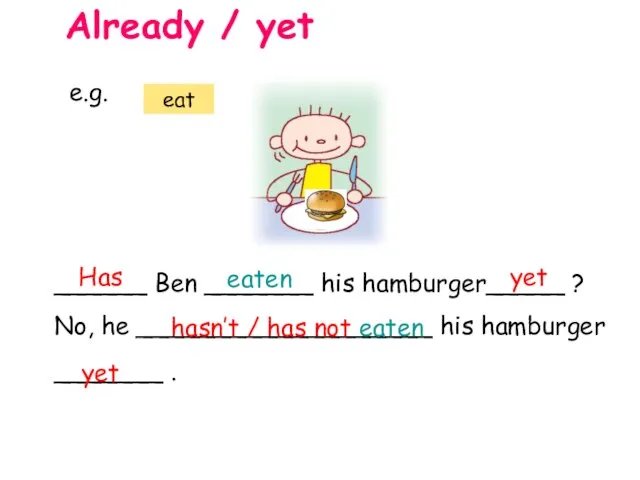 ______ Ben _______ his hamburger_____ ? No, he ___________________ his hamburger _______