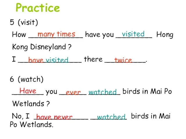 6 (watch) _______ you ______ _______ birds in Mai Po Wetlands ?