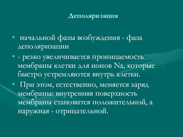 Деполяризация начальной фазы возбуждения - фаза деполяризации - резко увеличивается проницаемость мембраны