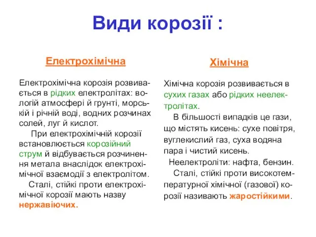 Види корозії : Електрохімічна Електрохімічна корозія розвива- ється в рідких електролітах: во-