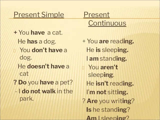 Present Simple + You have a cat. He has a dog. You