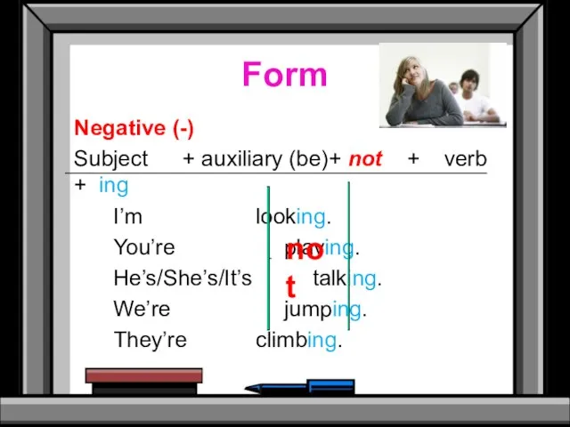 Form Negative (-) Subject + auxiliary (be)+ not + verb + ing