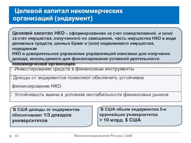 Целевой капитал некоммерческих организаций (эндаумент) Минэкономразвития России, 2009 Целевой капитал НКО –