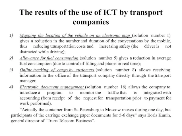 The results of the use of ICT by transport companies Mapping the