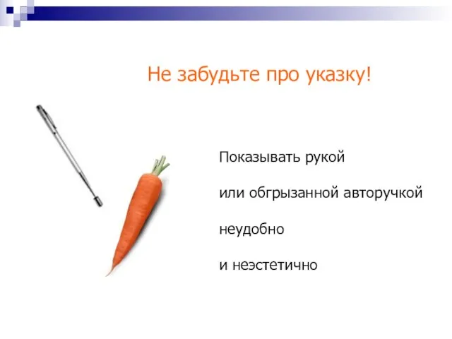 Показывать рукой или обгрызанной авторучкой неудобно и неэстетично Не забудьте про указку!