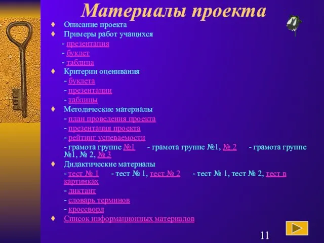 Материалы проекта Описание проекта Примеры работ учащихся - презентация - буклет -