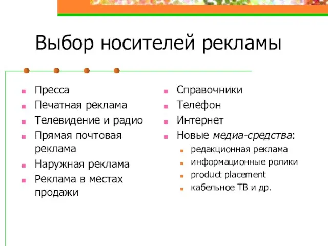 Выбор носителей рекламы Пресса Печатная реклама Телевидение и радио Прямая почтовая реклама