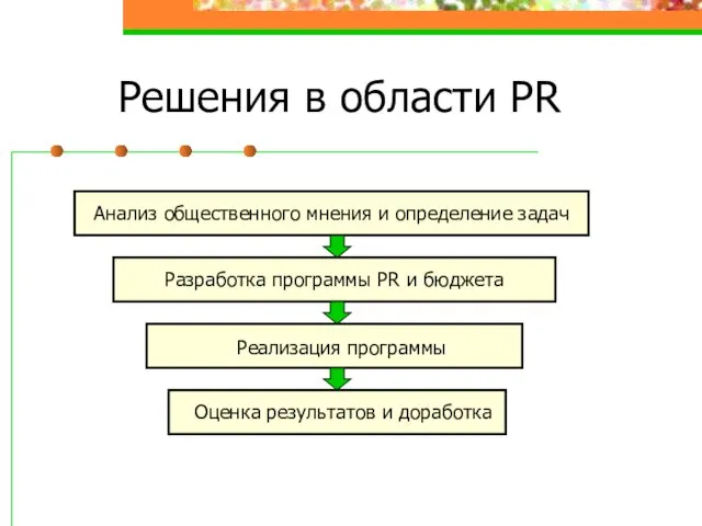 Анализ общественного мнения и определение задач Реализация программы Разработка программы PR и