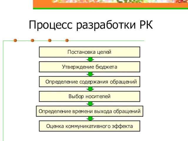 Процесс разработки РК Постановка целей Определение содержания обращений Утверждение бюджета Выбор носителей