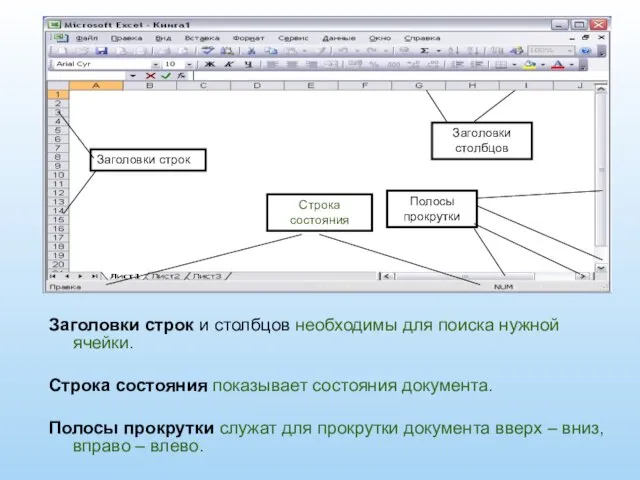 Заголовки строк и столбцов необходимы для поиска нужной ячейки. Строка состояния показывает
