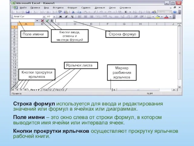 Строка формул используется для ввода и редактирования значений или формул в ячейках