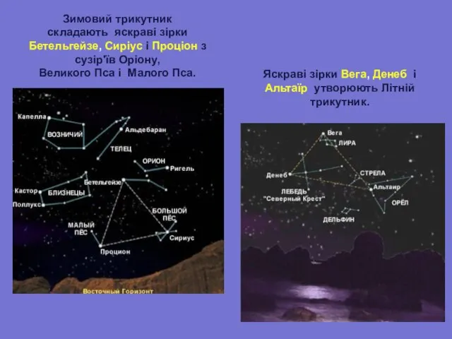 Зимовий трикутник складають яскраві зірки Бетельгейзе, Сиріус і Проціон з сузір'їв Оріону,