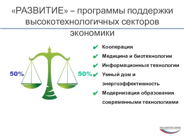 «РАЗВИТИЕ» – программы поддержки высокотехнологичных секторов экономики 50% 50% Кооперация Медицина и