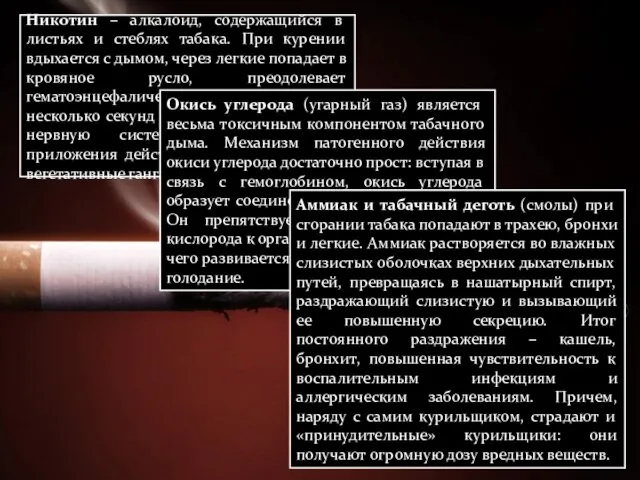 Никотин – алкалоид, содержащийся в листьях и стеблях табака. При курении вдыхается