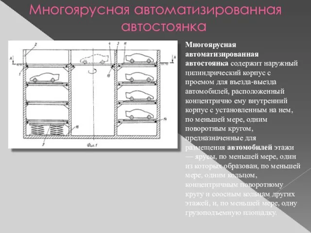 Многоярусная автоматизированная автостоянка Многоярусная автоматизированная автостоянка содержит наружный цилиндрический корпус с проемом