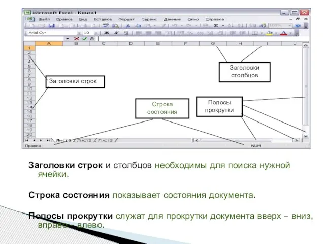 Заголовки строк и столбцов необходимы для поиска нужной ячейки. Строка состояния показывает