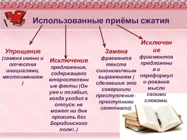 Использованные приёмы сжатия Упрощение (замена имени и отчества инициалами, местоимением) Исключение предложения,