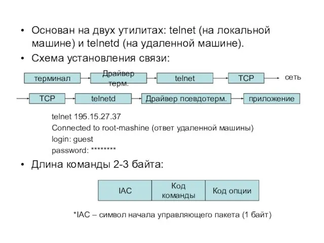 Основан на двух утилитах: telnet (на локальной машине) и telnetd (на удаленной