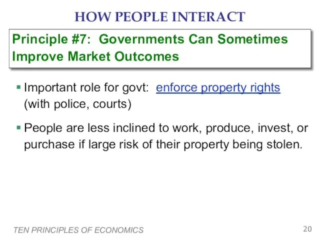 TEN PRINCIPLES OF ECONOMICS HOW PEOPLE INTERACT Important role for govt: enforce