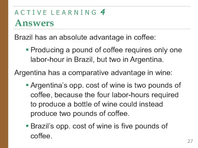 Brazil has an absolute advantage in coffee: Producing a pound of coffee