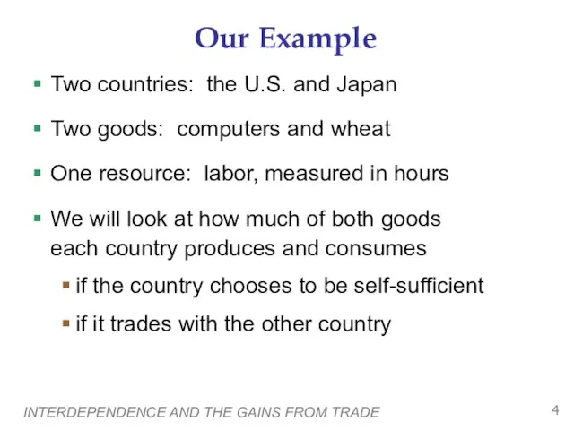 INTERDEPENDENCE AND THE GAINS FROM TRADE Our Example Two countries: the U.S.