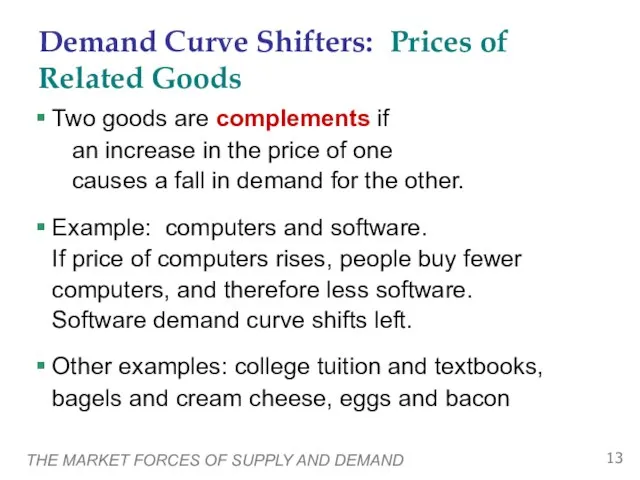 THE MARKET FORCES OF SUPPLY AND DEMAND Two goods are complements if