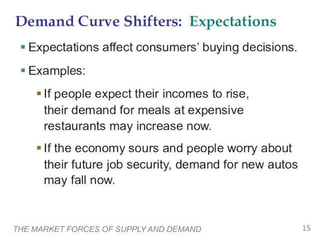 THE MARKET FORCES OF SUPPLY AND DEMAND Expectations affect consumers’ buying decisions.