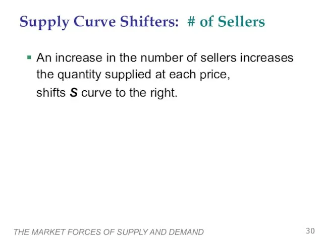 THE MARKET FORCES OF SUPPLY AND DEMAND Supply Curve Shifters: # of