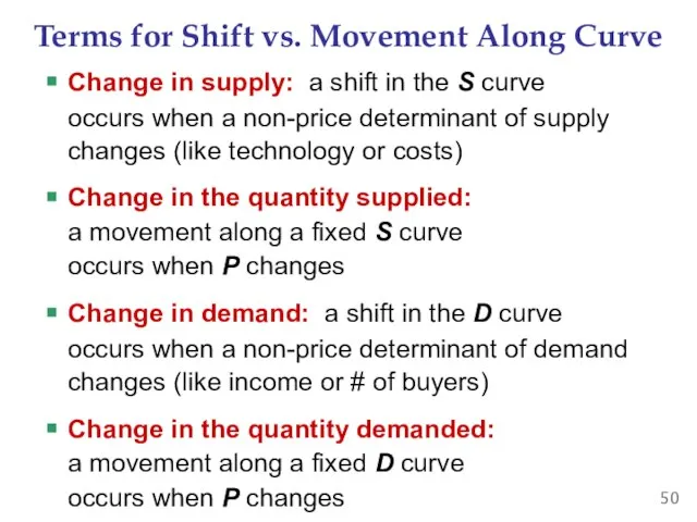 Terms for Shift vs. Movement Along Curve Change in supply: a shift