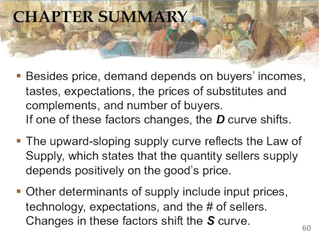 CHAPTER SUMMARY Besides price, demand depends on buyers’ incomes, tastes, expectations, the