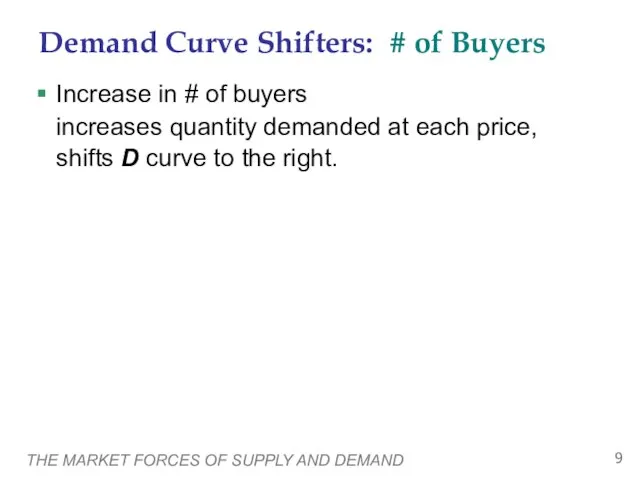 THE MARKET FORCES OF SUPPLY AND DEMAND Demand Curve Shifters: # of