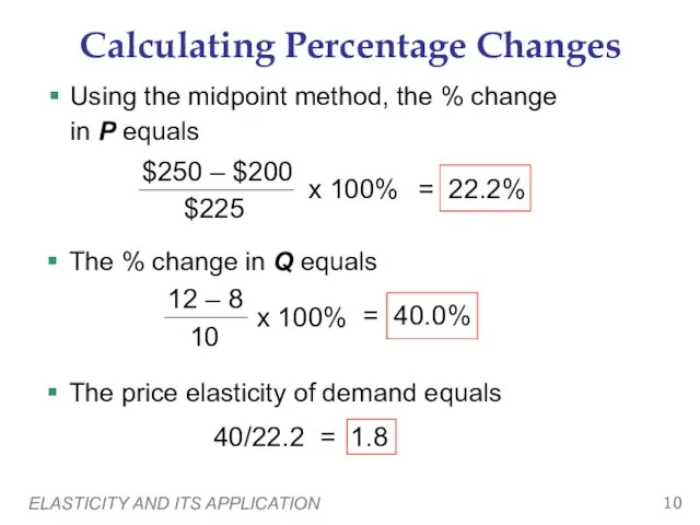 ELASTICITY AND ITS APPLICATION Calculating Percentage Changes Using the midpoint method, the