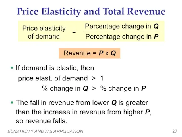 ELASTICITY AND ITS APPLICATION Price Elasticity and Total Revenue If demand is