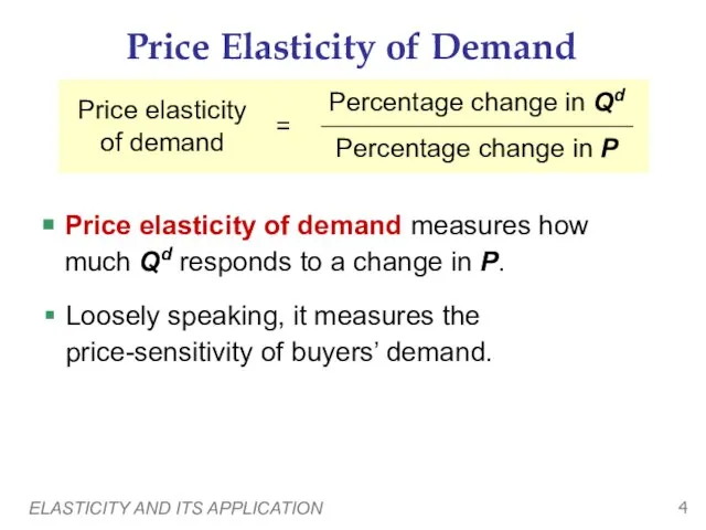 ELASTICITY AND ITS APPLICATION Price Elasticity of Demand Price elasticity of demand