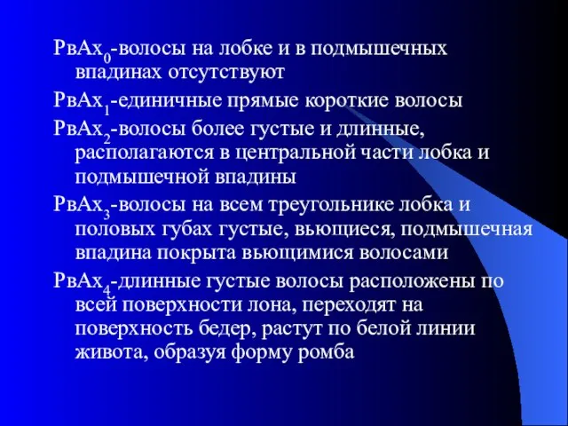 РвАх0-волосы на лобке и в подмышечных впадинах отсутствуют РвАх1-единичные прямые короткие волосы