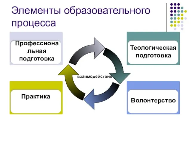 Элементы образовательного процесса взаимодействие Практика Профессиональная подготовка Волонтерство Теологическая подготовка