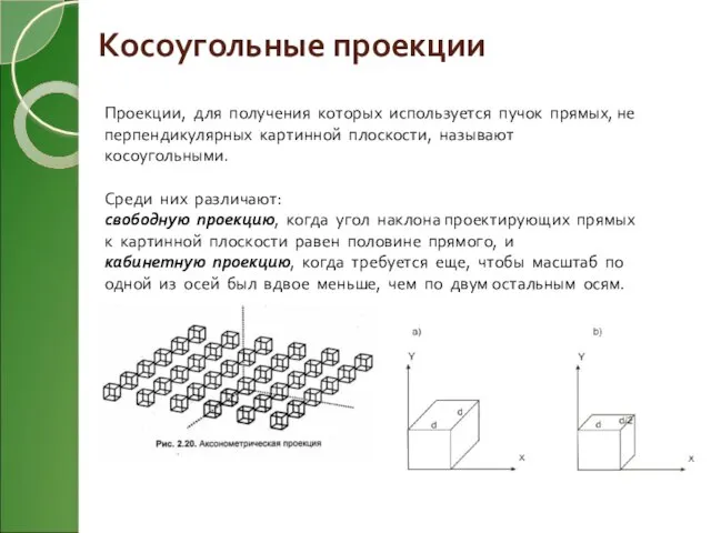 Косоугольные проекции Проекции, для получения которых используется пучок прямых, не перпендикулярных картинной