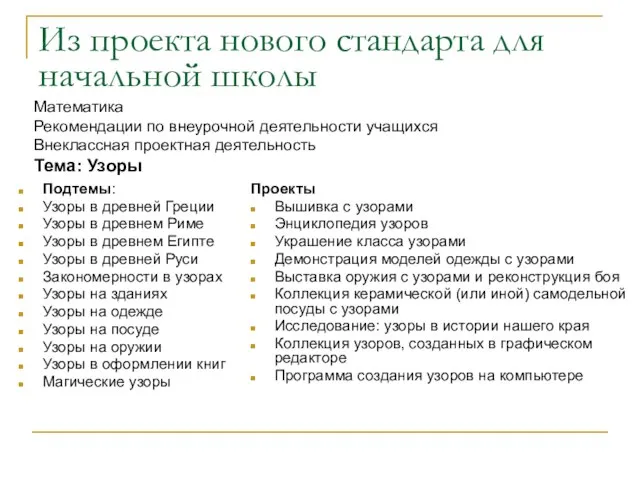 Из проекта нового стандарта для начальной школы Подтемы: Узоры в древней Греции