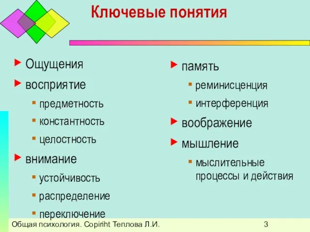 Общая психология. Copiriht Теплова Л.И. Ключевые понятия Ощущения восприятие предметность константность целостность