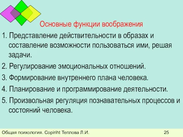 Общая психология. Copiriht Теплова Л.И. Основные функции воображения 1. Представление действительности в