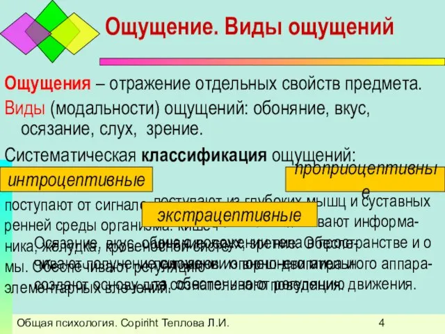 Общая психология. Copiriht Теплова Л.И. Ощущение. Виды ощущений Ощущения – отражение отдельных