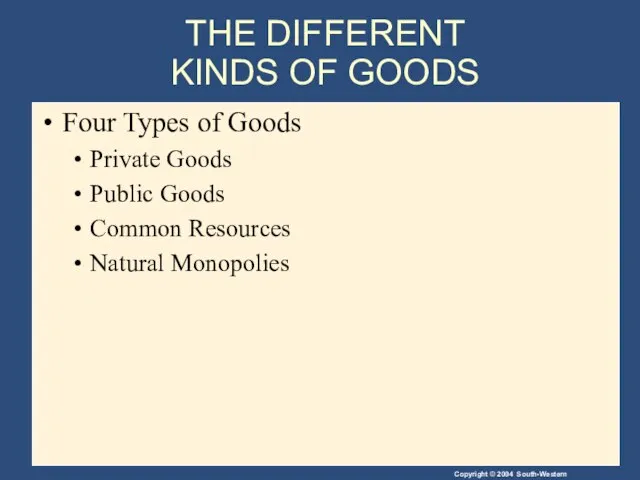 THE DIFFERENT KINDS OF GOODS Four Types of Goods Private Goods Public