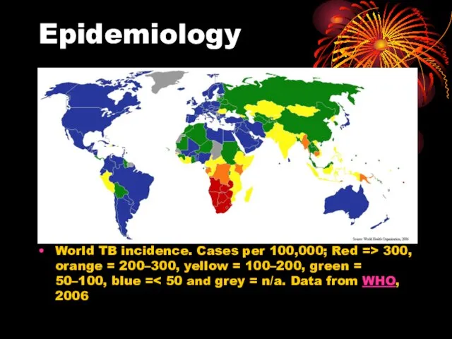 Epidemiology World TB incidence. Cases per 100,000; Red => 300, orange =