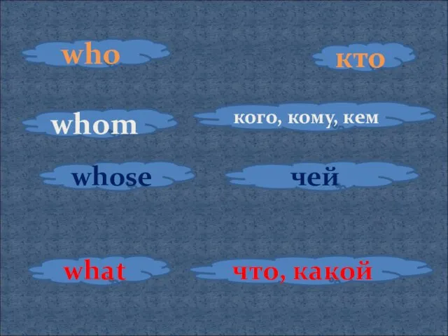 кто who what что, какой whose чей whom кого, кому, кем