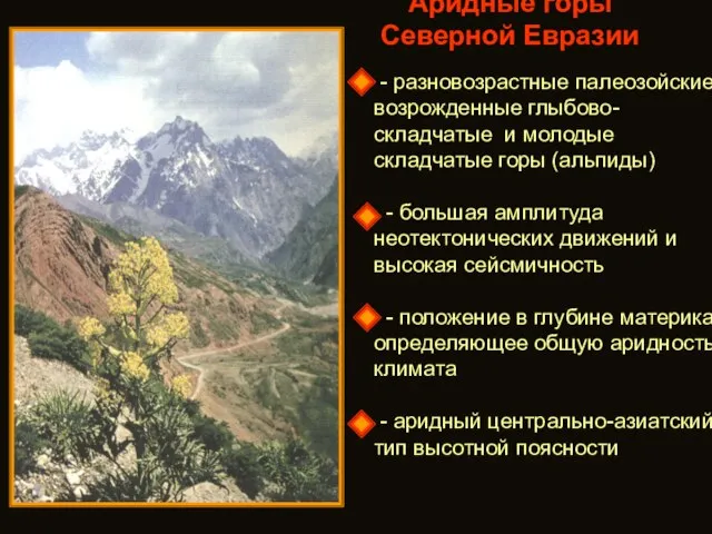 Аридные горы Северной Евразии - разновозрастные палеозойские возрожденные глыбово-складчатые и молодые складчатые