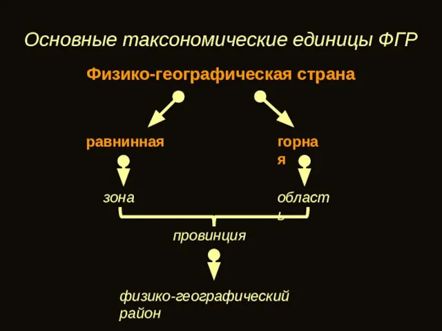 Основные таксономические единицы ФГР Физико-географическая страна равнинная горная зона область провинция физико-географический район