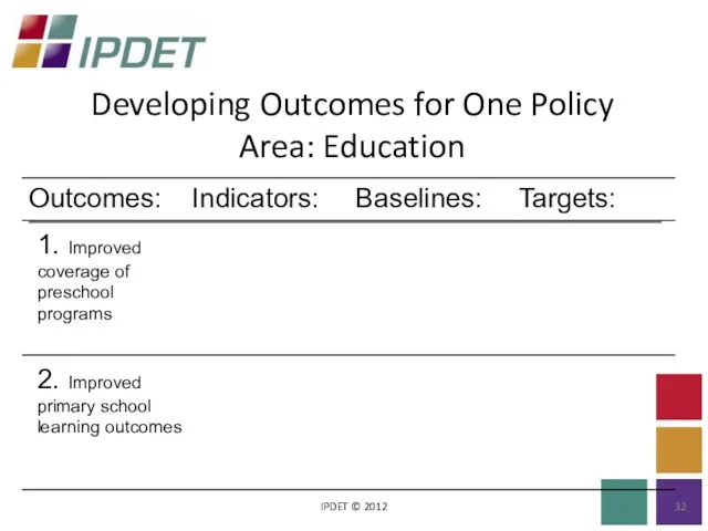 Developing Outcomes for One Policy Area: Education IPDET © 2012