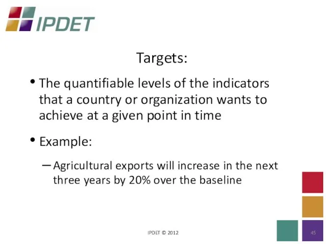 Targets: IPDET © 2012 The quantifiable levels of the indicators that a