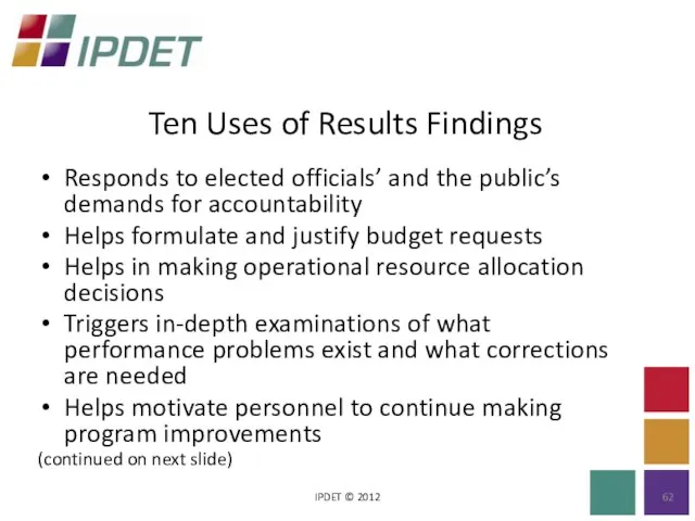 Ten Uses of Results Findings IPDET © 2012 Responds to elected officials’